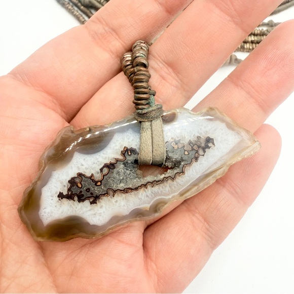 Boho Leather-Wrapped Natural Agate Geode Slice Pendant Necklace or Belt - Picture 6 of 12